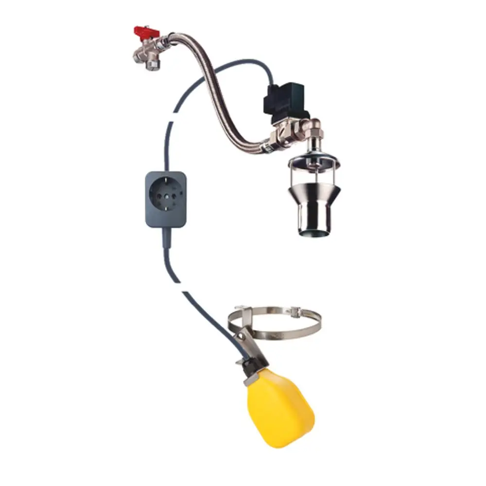 Trinkwassernachspeiseeinheit von Roth mit einem Anschluss für einen Schwimmerschalter und einem Ventil. Flexibles Kabel und Halterung sind ebenfalls vorhanden.